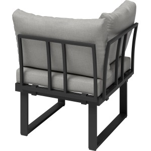 Grauer Alu-Ecksessel Lipson für die Gartenlounge: Aluminiumgestell mit hellgrauen Auflagen und Kissen.