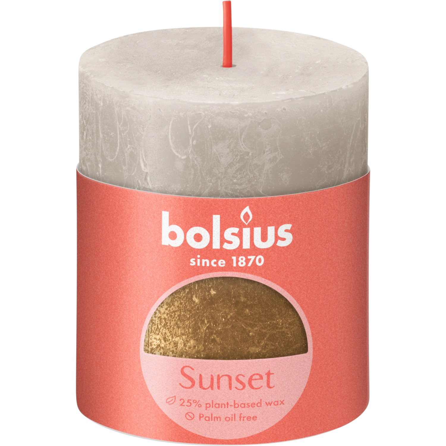 Bolsius Rustik-Kerze Sunset, 80/68 mm, sandgrau-gold. Stumpenkerze ohne Palmöl und tierische Fette.