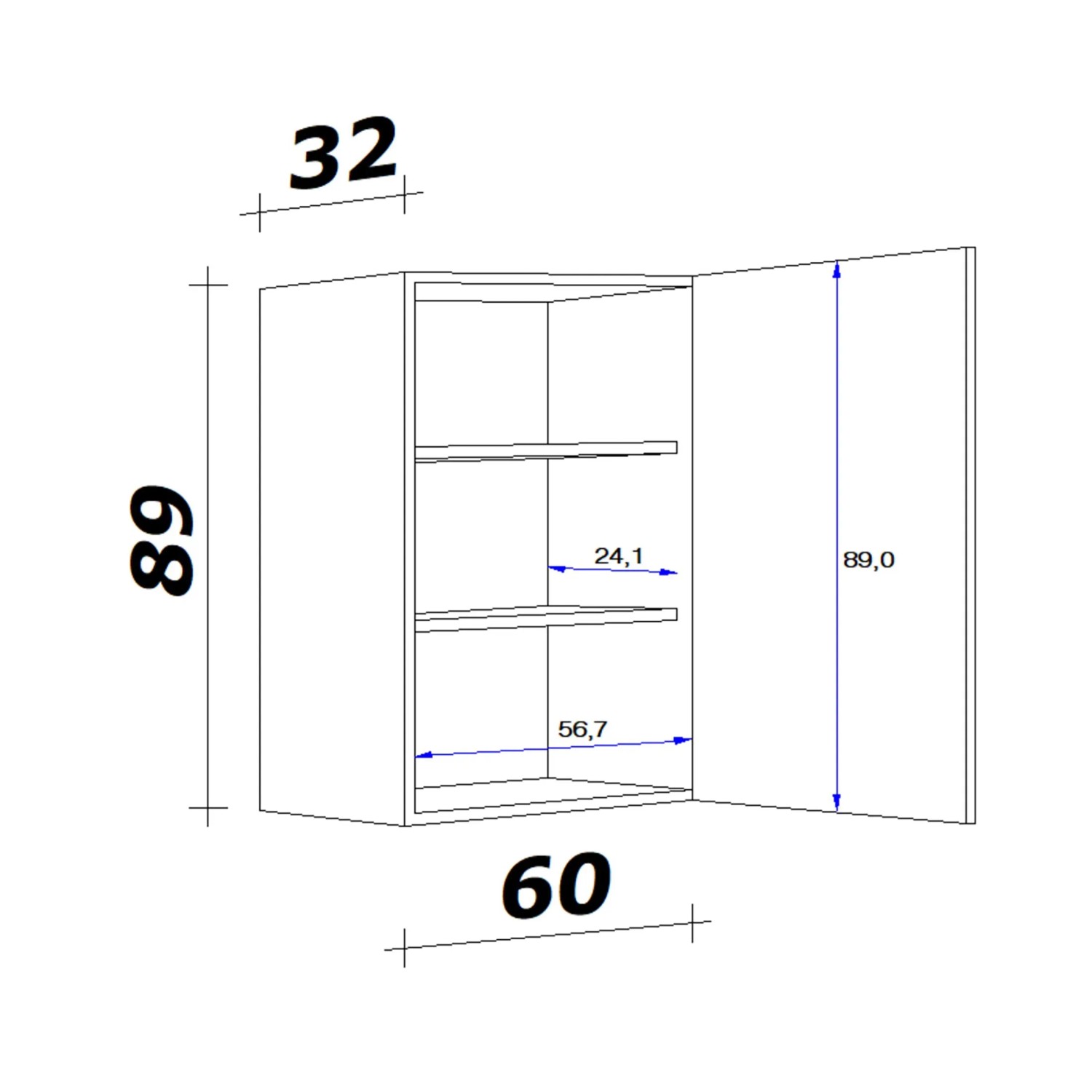Maße des Flex-Well Wito Oberschranks (60x89x32 cm) der Küchenzeile in Weiß, mit zwei Einlegeböden.
