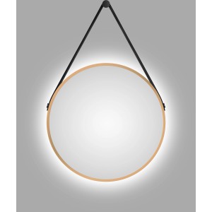 Runder LED-Lichtspiegel Silver Barbier Ø 50 cm mit goldenem Rahmen und Lederband.