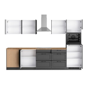 Graue Held Winkelküche Kempten 300 cm mit E-Geräten und autarkem Kochfeld.