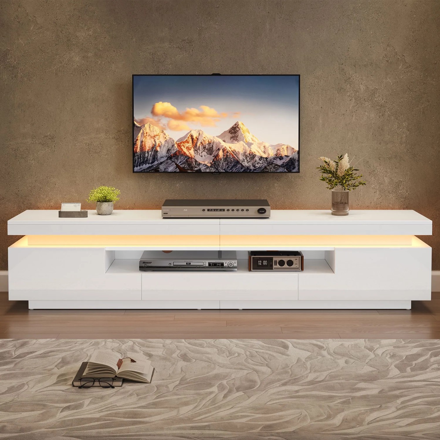 okwish TV Schrank mit LED Hochglanz Schublade Lowboard Wohnzimmer 75 Zoll 175x38x45cm Weiß_2