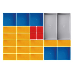 26-teiliges Einsatzbox Set in Blau, Gelb, Rot, Grau. Modulare Aufbewahrungsboxen für Werkstatt & Kleinteile, 45 mm hoch.