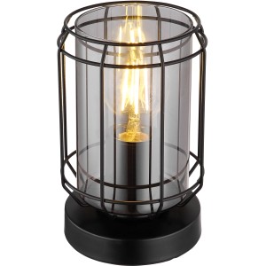 Schwarze Globo Tischlampe Kammi mit klarem Glas und Metallgitter, 20 cm hoch.