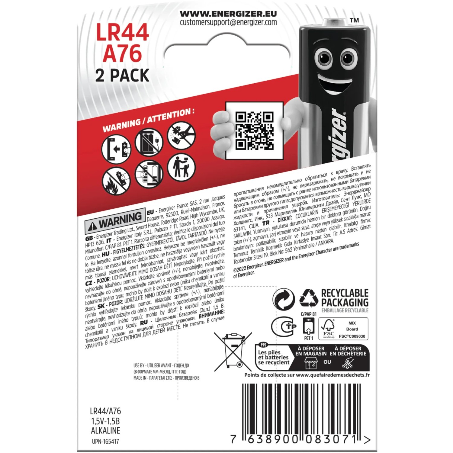 Energizer A76/LR44 Knopfzellen, 2er-Pack, 1,5V Alkaline Spezialbatterien für elektronische Geräte.
