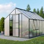 Vitavia Gewächshaus Meridian 1 Smaragd mit Hohlkammerplatten und geöffneten Fenstern im Garten.