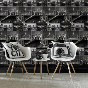 Papiertapete Fresco "Stadt bei Nacht" in Schwarz mit New York Motiven als Wanddeko.