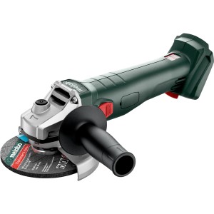 Metabo Akku-Winkelschleifer W 18 L 9-125 Solo mit Schleifscheibe und Handgriff.
