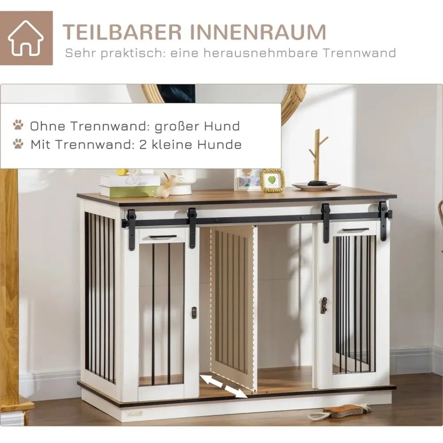 Weißer PawHut Hundekäfig aus MDF/Stahl mit Holzplatte. Herausnehmbare Trennwand für einen großen oder zwei kleine Hunde.