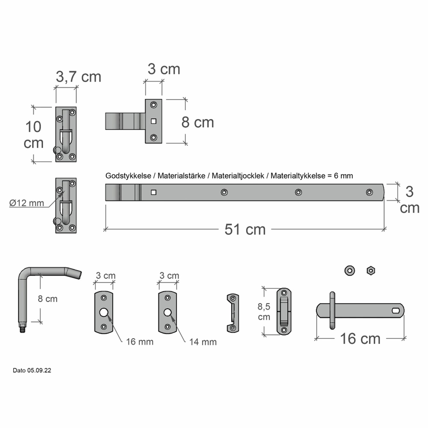 Detailansicht Beschläge für Gartentor Silence, Maße und Details.