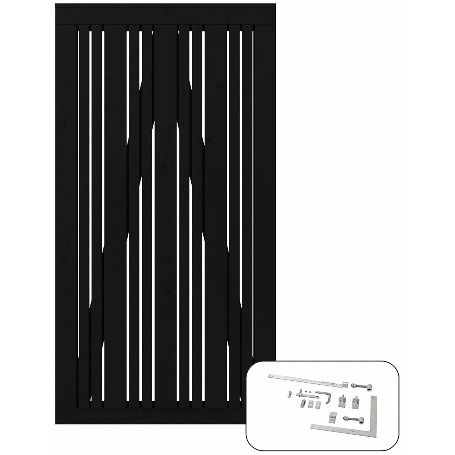 Schwarzes Nadelholz Gartentor Tangent, 95x180cm, mit Beschlägen für den Garten.