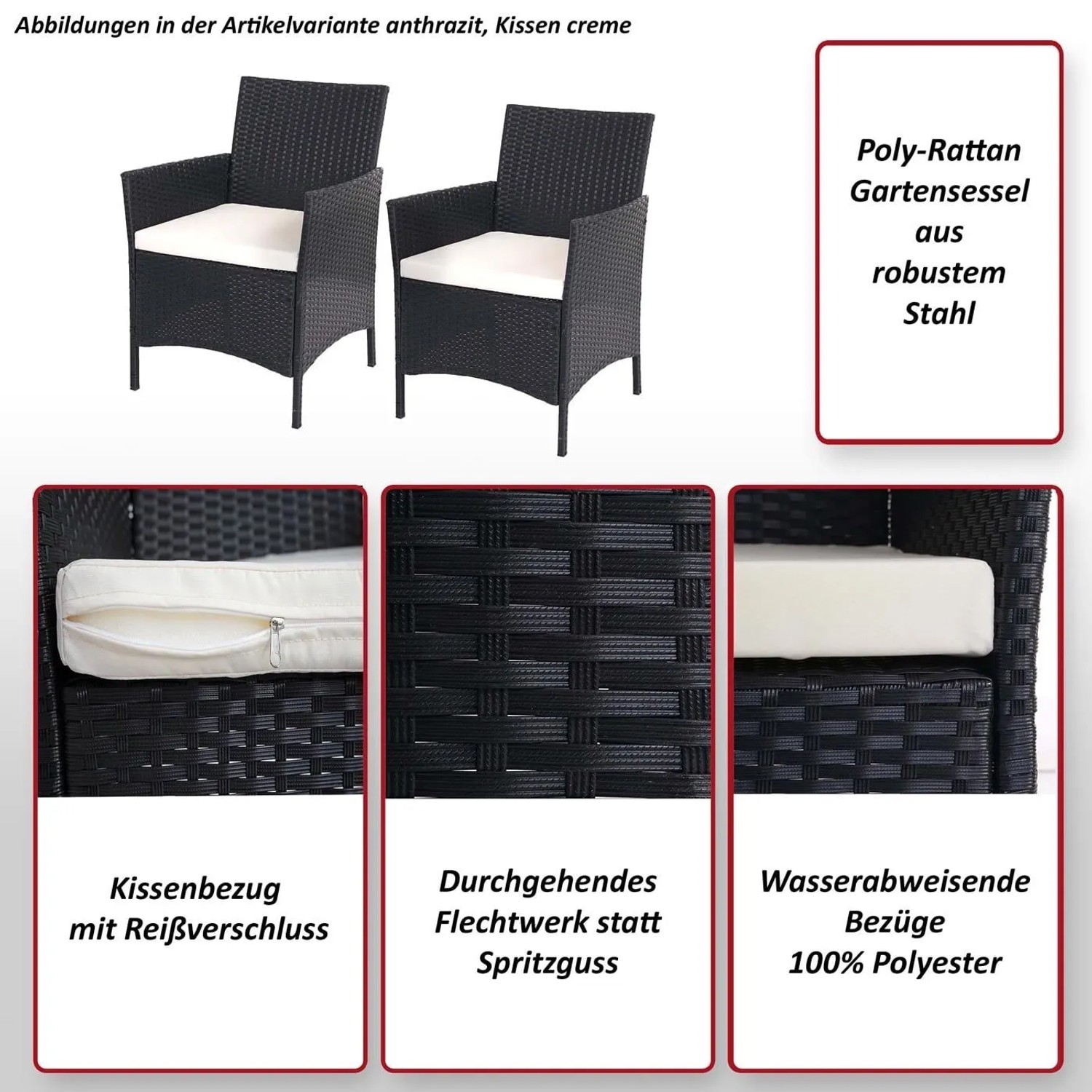 2er-Set graue Poly-Rattan Gartensessel Halden mit anthrazitfarbenen Kissen.