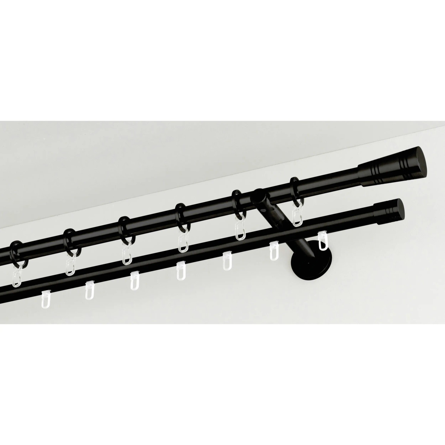 Gardinia Gardinenstange Chicago, Ø 20 mm, Schwarz, 2-läufig, mit Ringen und Trägern.