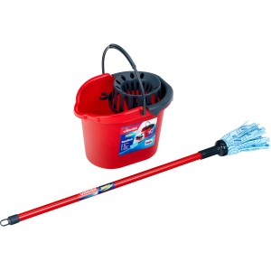 Vileda Kinder-Wischmopp Set: Roter Eimer mit Auswringer und Mopp für Kinder, Spielzeug für Rollenspiele.