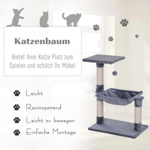 Grauer PawHut Kletterbaum mit Sisalsäule, Plüsch-Hängematte und oberer Plattform für Katzen. Kompakter Kratzbaum.