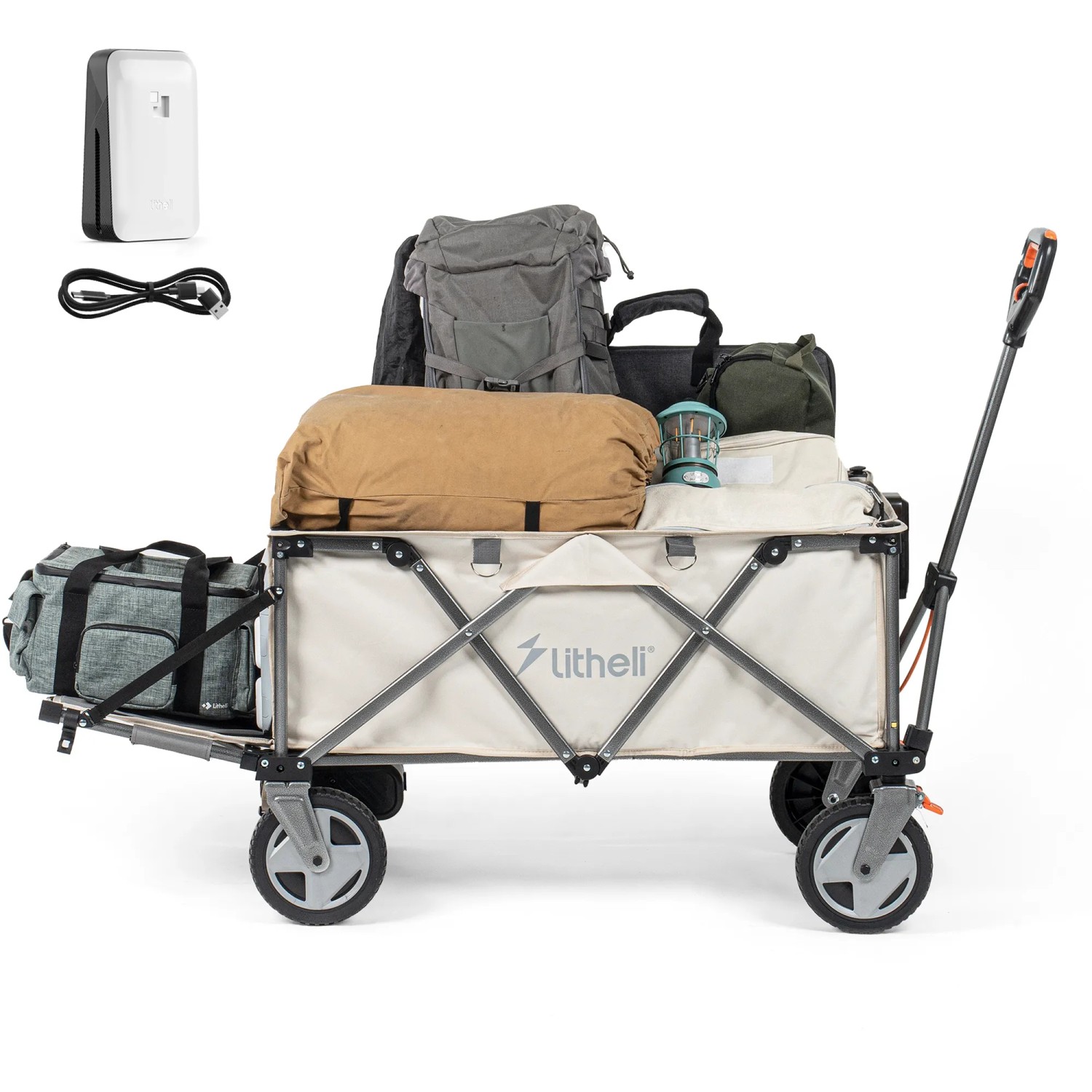 Litheli Bollerwagen W1 Pro EHW030005 mit Akku, beladen mit Campingausrüstung.