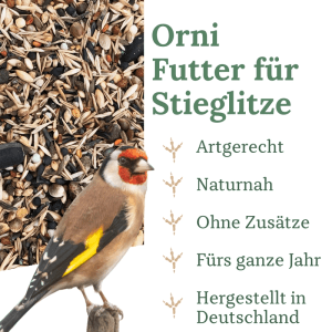 Orni Wildvogelfutter für Stieglitze: bunter Saatenmix mit Goldfinch. Ganzjähriges Vogelfutter.