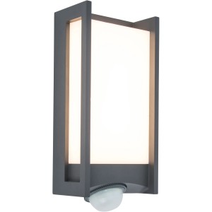 Moderne Lutec LED-Außenwandleuchte Qubo mit Bewegungsmelder aus Aluminium und Kunststoff.