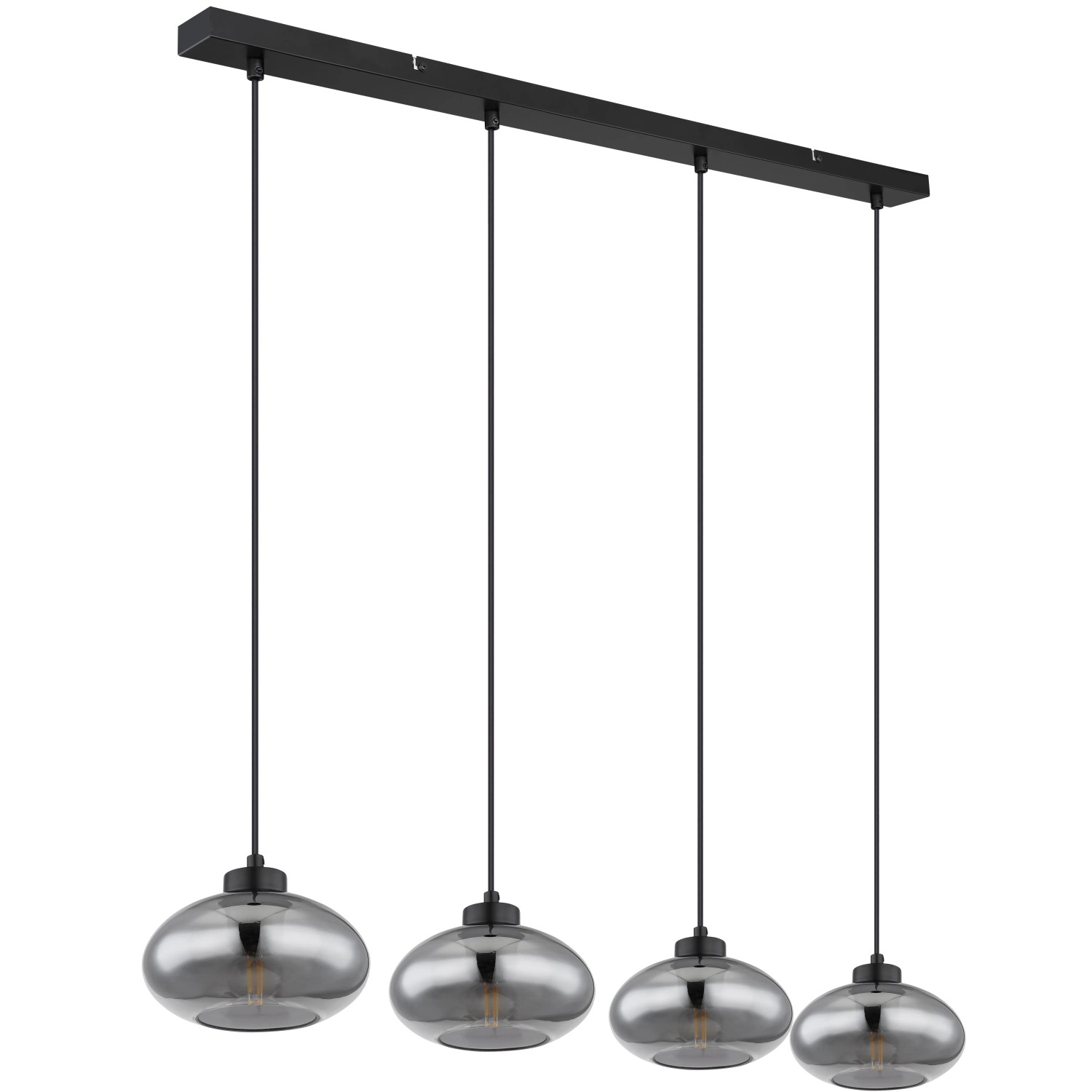 Globo Pendelleuchte Shaun, 4-flammig, schwarz matt mit Rauchglas-Schirmen.