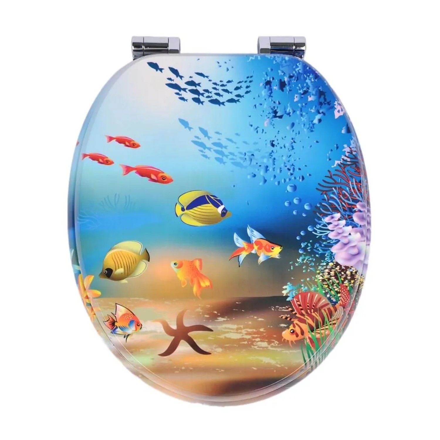 Sinobath ovaler WC-Sitz mit Absenkautomatik, Unterwasserwelt-Design: bunte Fische, Korallen.
