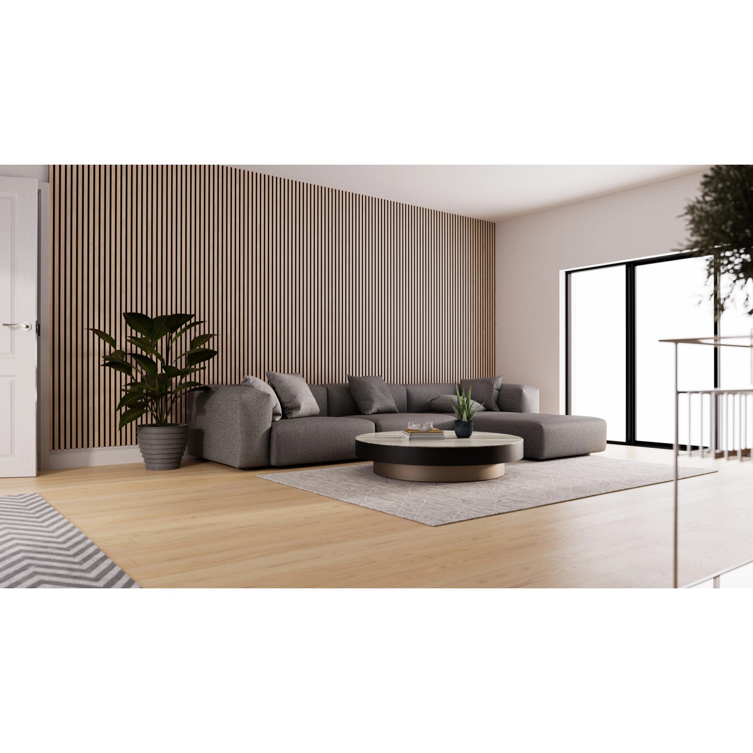 Wohnraum mit ECON Akustikpaneel Eiche (240x60x1,8 cm) an der Wand.