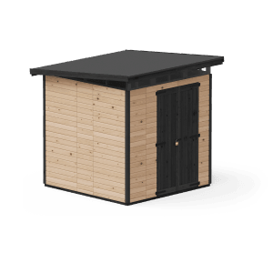 Braunes Upyard Gartenhaus Strongbox L mit Fundament und Doppeltür.