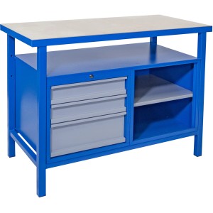 Güde Werkbank P 1200 SL in Grau-Blau mit Schubladen und Ablagefächern.