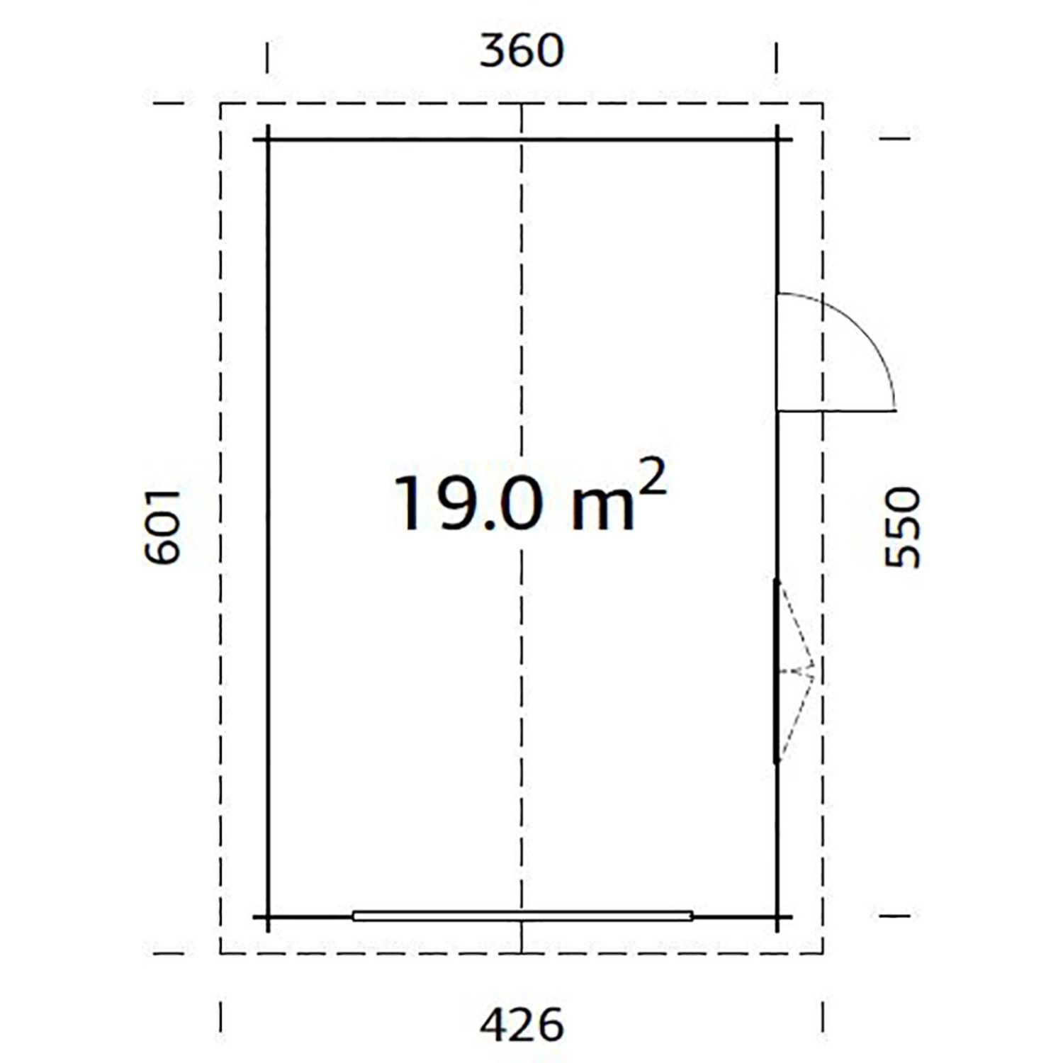 Grundriss Palmako Holzgarage Roger, 360x550 cm, ohne Tor. Fertiggarage mit Tür und Fenster, 19 qm.