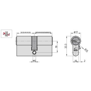 Technische Zeichnung Basi V55 Profil-Doppelzylinder 40/60 mm mit Maßen