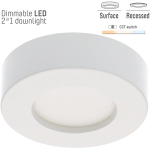Dimmbarer LED Einbaustrahler, 6W, CCT-Schalter, Ø 10cm, Opalglas, für Unter- und Aufputzmontage.