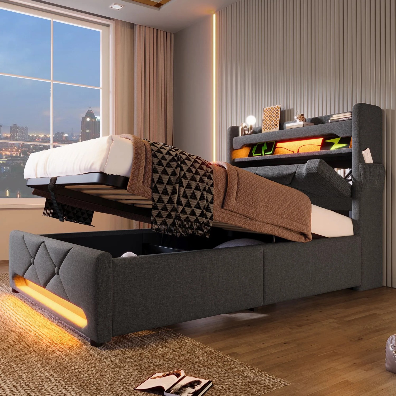 okwish Polsterbett 90x200cm mit LED Stauraum USB Kopfteil Grau ohne Matratze_4
