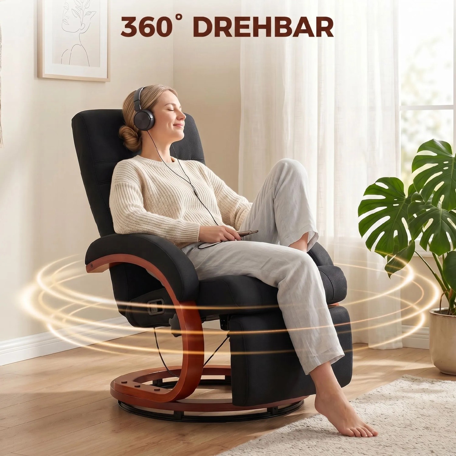Schwarzer HOMCOM Relaxsessel aus Polyester mit Eukalyptusholz-Basis, 360° drehbar und neigbar. Frau entspannt bequem.