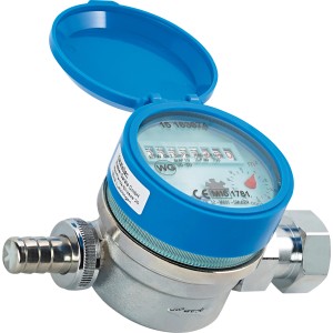 Wasserzähler für Mischventile, vernickelt, mit blauem Deckel. Schwenkbar für horizontalen/vertikalen Einbau.