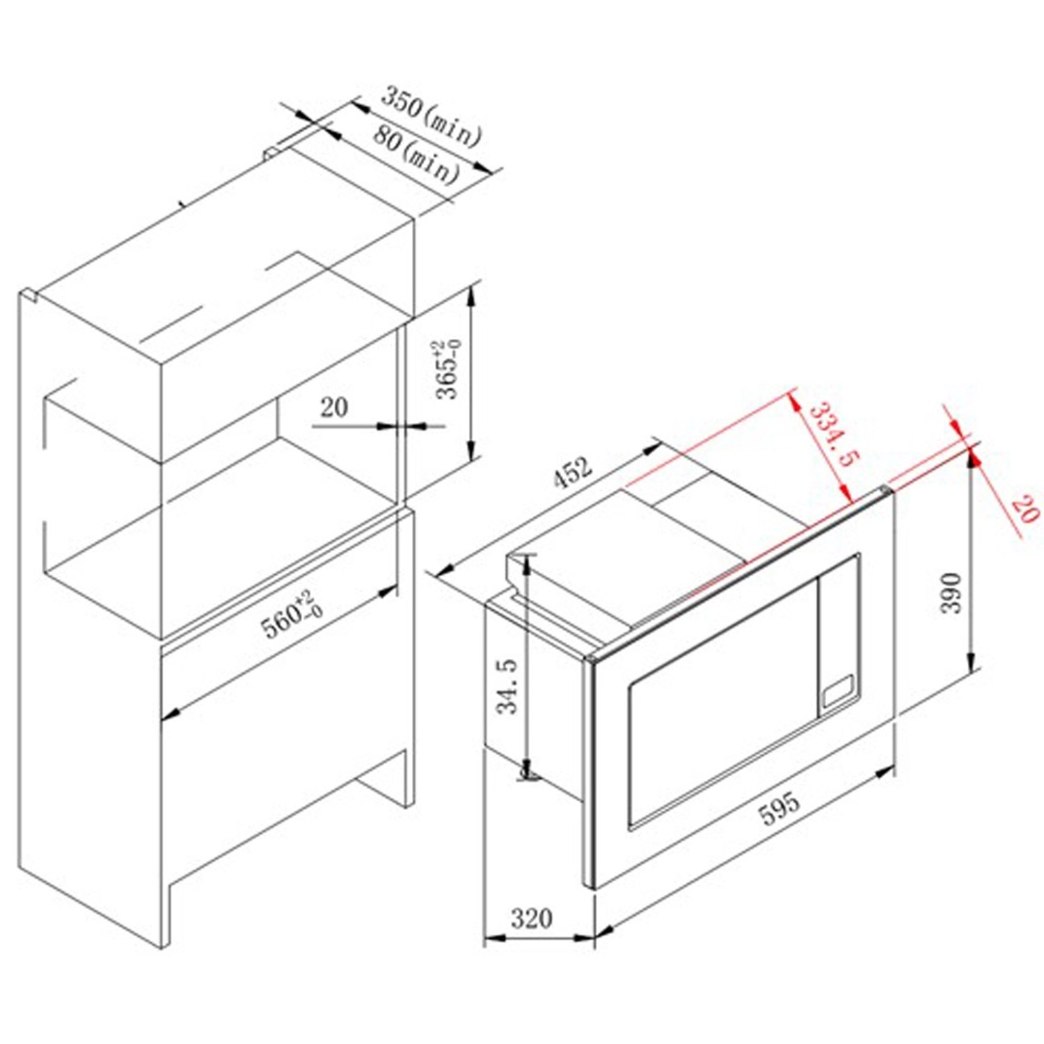 Skizze der Küchenzeile Mailand, Grau Hochglanz, mit Maßangaben für Einbau von Ofen und Hängeschrank.