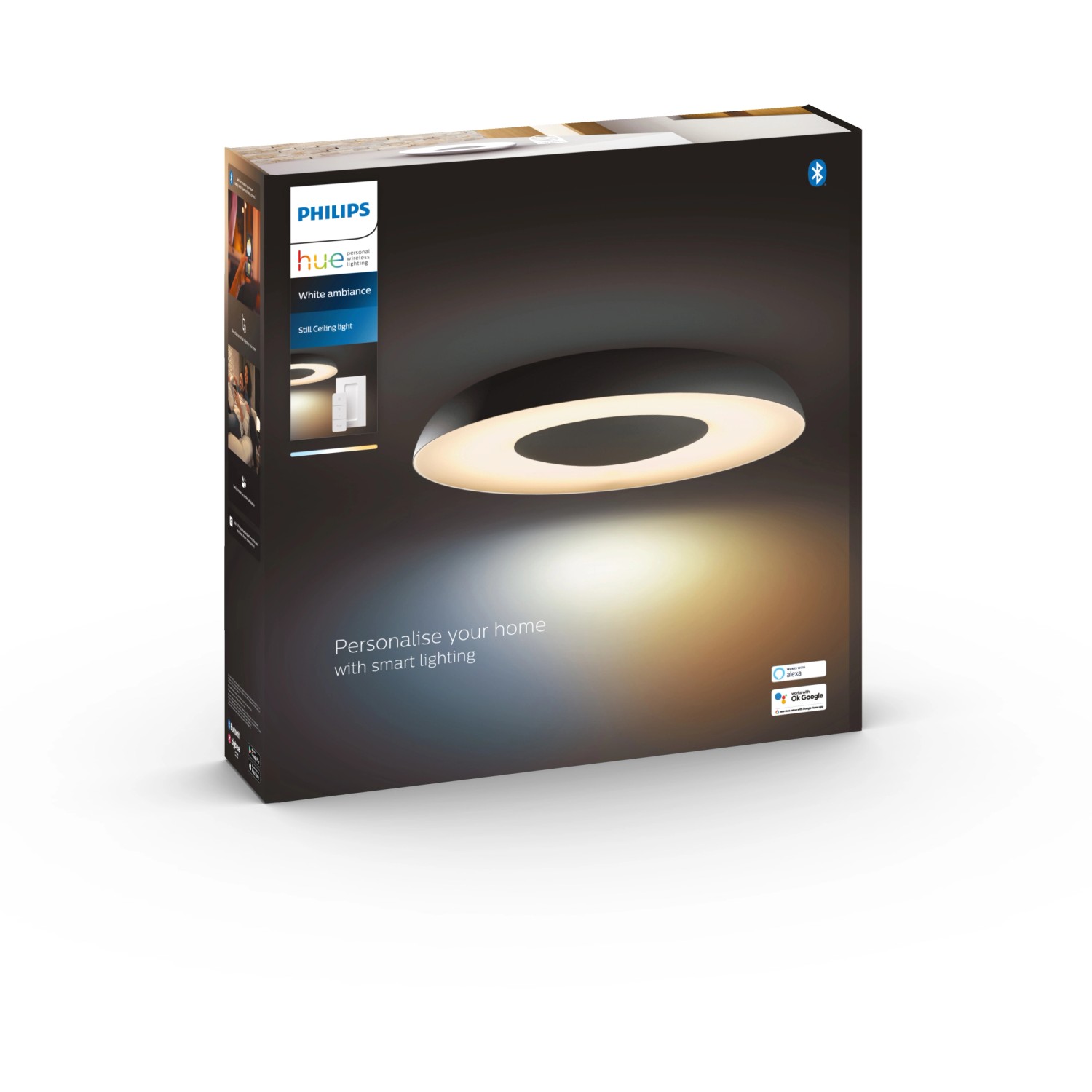 Verpackung der schwarzen Philips Hue Deckenleuchte White Ambiance Still mit Dimmer.