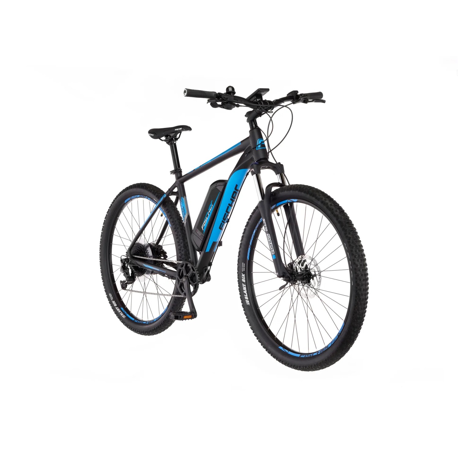 Schwarzes Fischer E-Bike Mountainbike Montis EM 1724 mit blauem Akku.