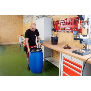 Blaues 220 L Kunststoff-Weithalsfass mit Deckel und Spannring, lebensmittelecht und UN-geprüft.