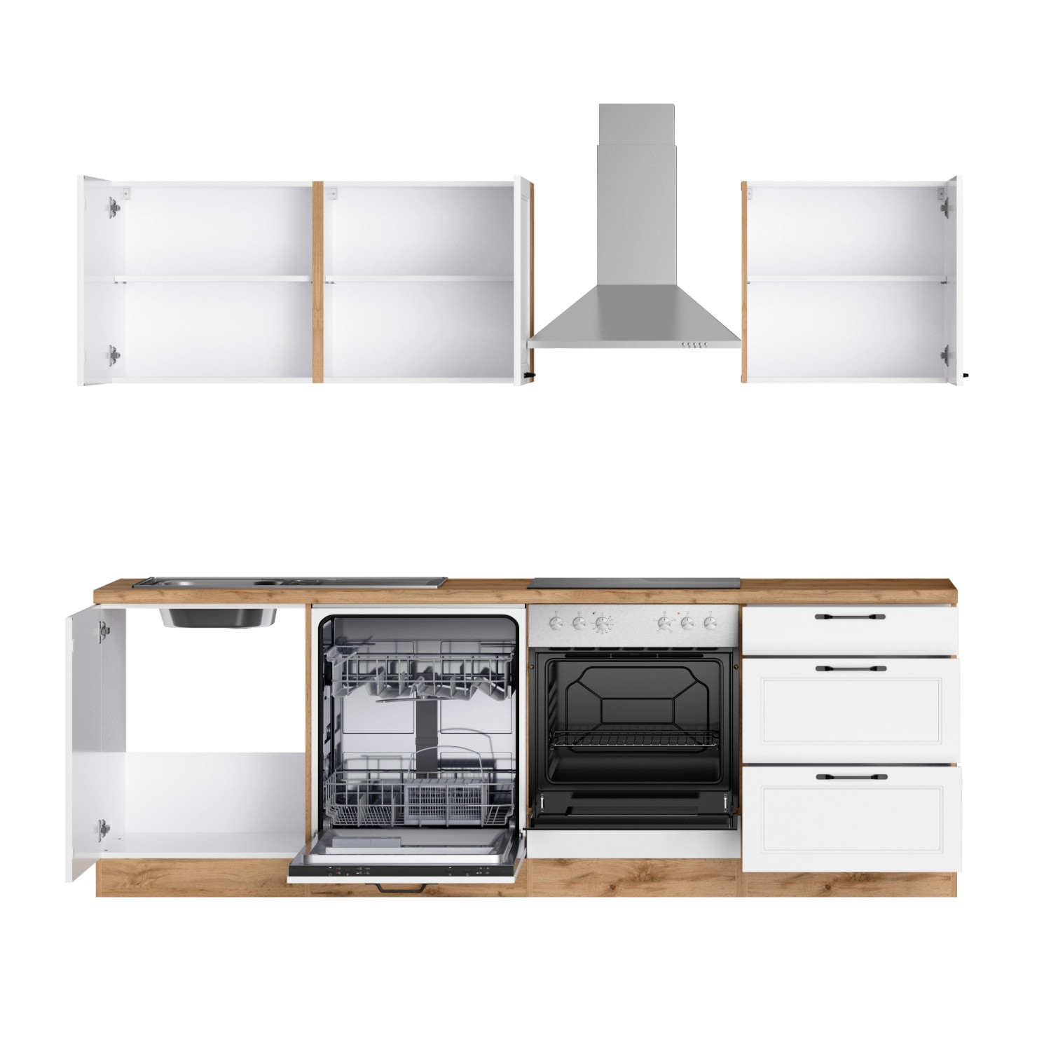 Küchenzeile Kempten 240 cm in Wotan Eiche/Weiß mit E-Geräten wie Herd, Spülmaschine und Dunstabzugshaube.
