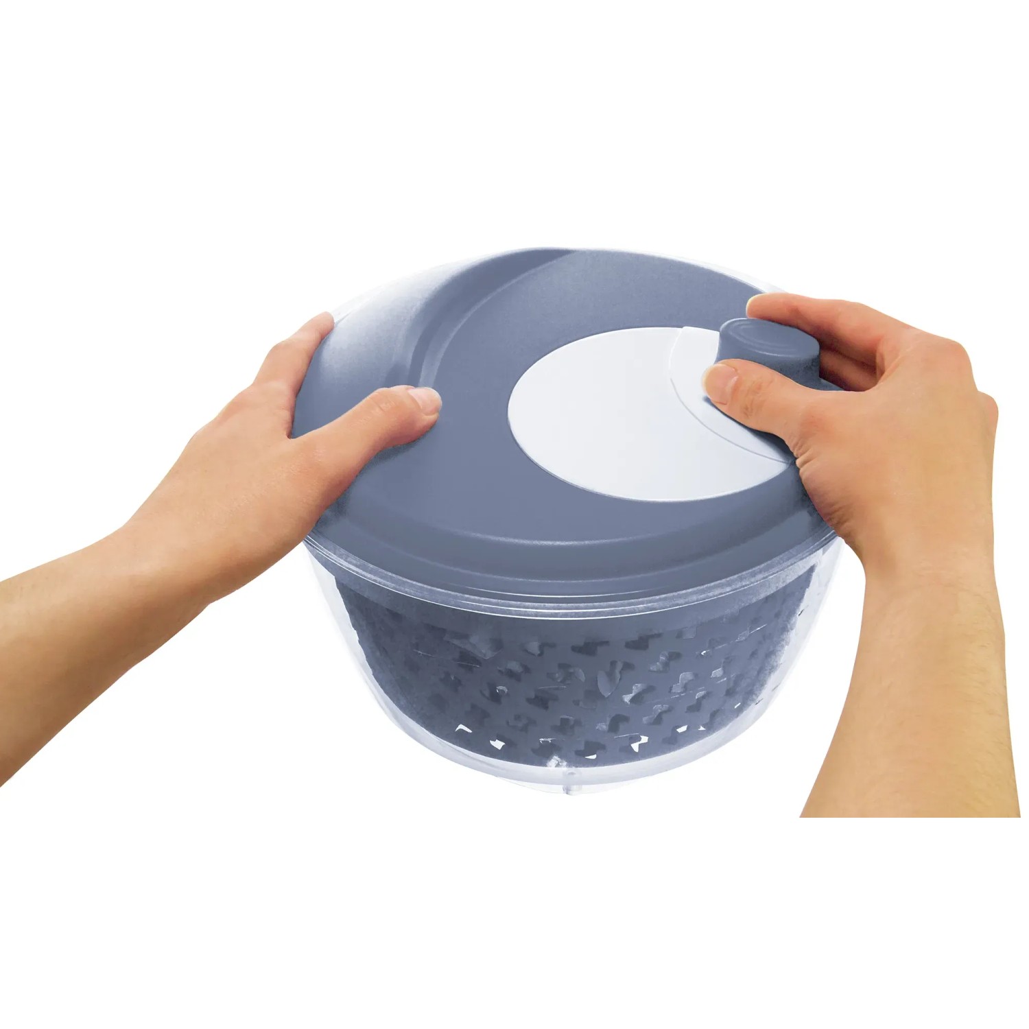 Rotho Salatschleuder Fresh 4,5 l in Horizontblau, bedienbar mit zwei Händen.