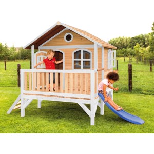 Axi Stef Spielhaus Braun - Weiß mit Blauer Rutsche 212 x 349 x 233 cm