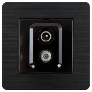 Moderne schwarze e2 Unterputz TV/SAT Enddose VILIS mit zwei Anschlüssen für TV- und SAT-Geräte.