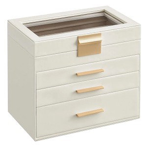 Songmics Schmuckkästchen Greeta, weiß-beige, mit Glasdeckel und 4 Ebenen zur Schmuckaufbewahrung.