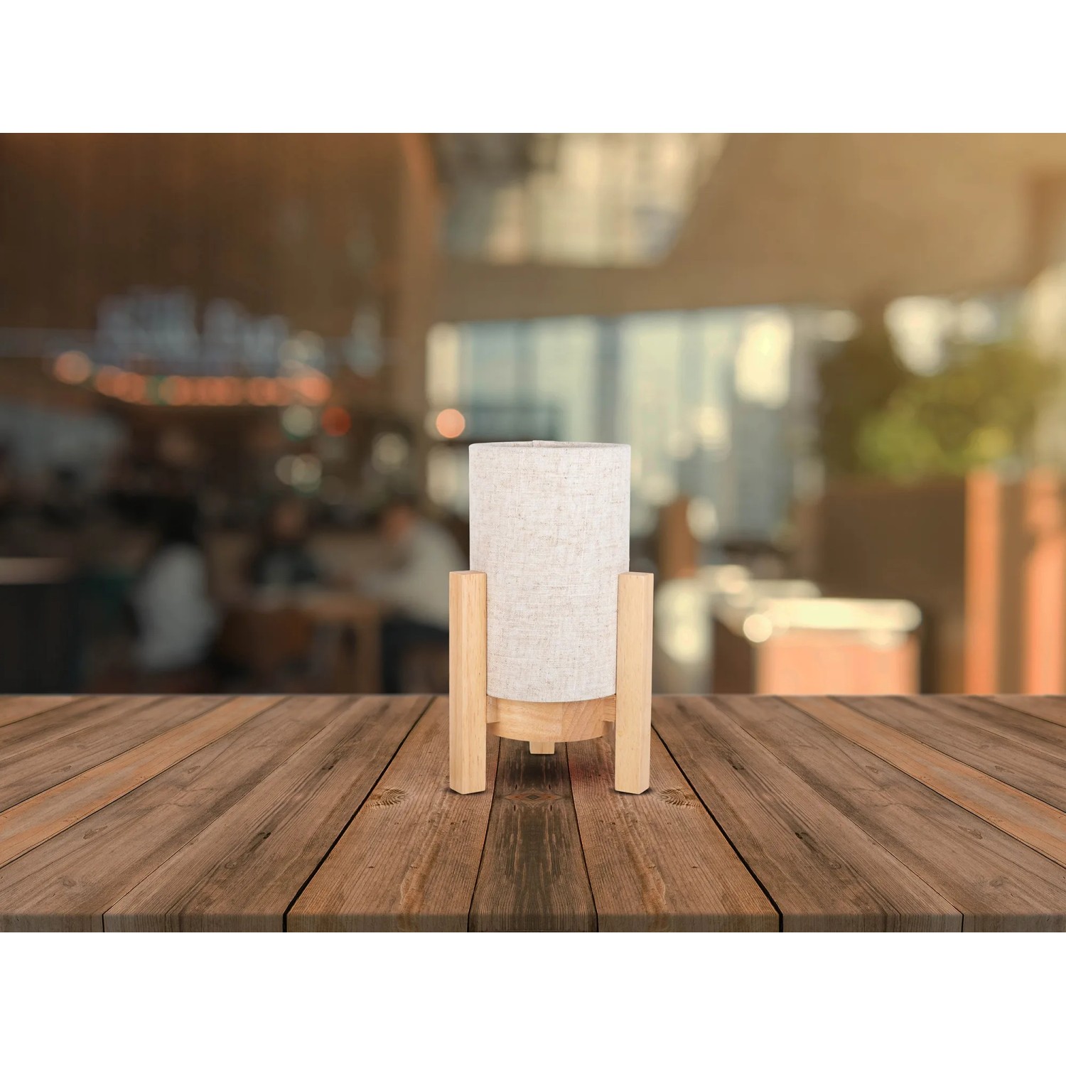 Näve LED-Tischleuchte Madita mit Leinen-Schirm und Holzfuß, naturfarben.