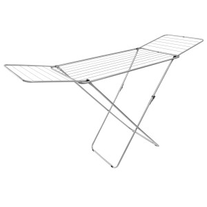 Silberner Flügelwäschetrockner Kolibri, ausgeklappt, für 18 m Wäschetrocknung.