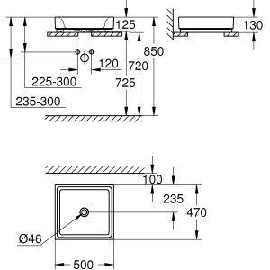 Technische Zeichnung Grohe Cube Aufsatzwaschbecken, 50 cm, Alpinweiß, Maße und Details.
