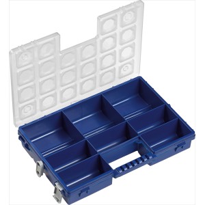 Blauer LUX Sortierkasten mit 8 Fächern und transparentem Deckel. Ideal für Aufbewahrung.