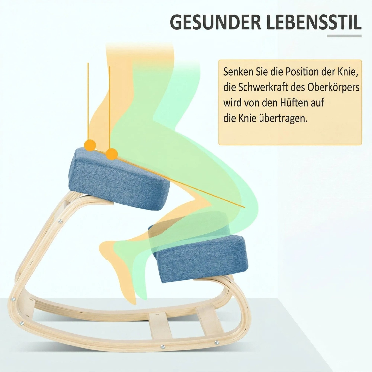 Ergonomischer Vinsetto Kniestuhl aus Birke mit blauen Polstern, der gesunde Sitzhaltung demonstriert.