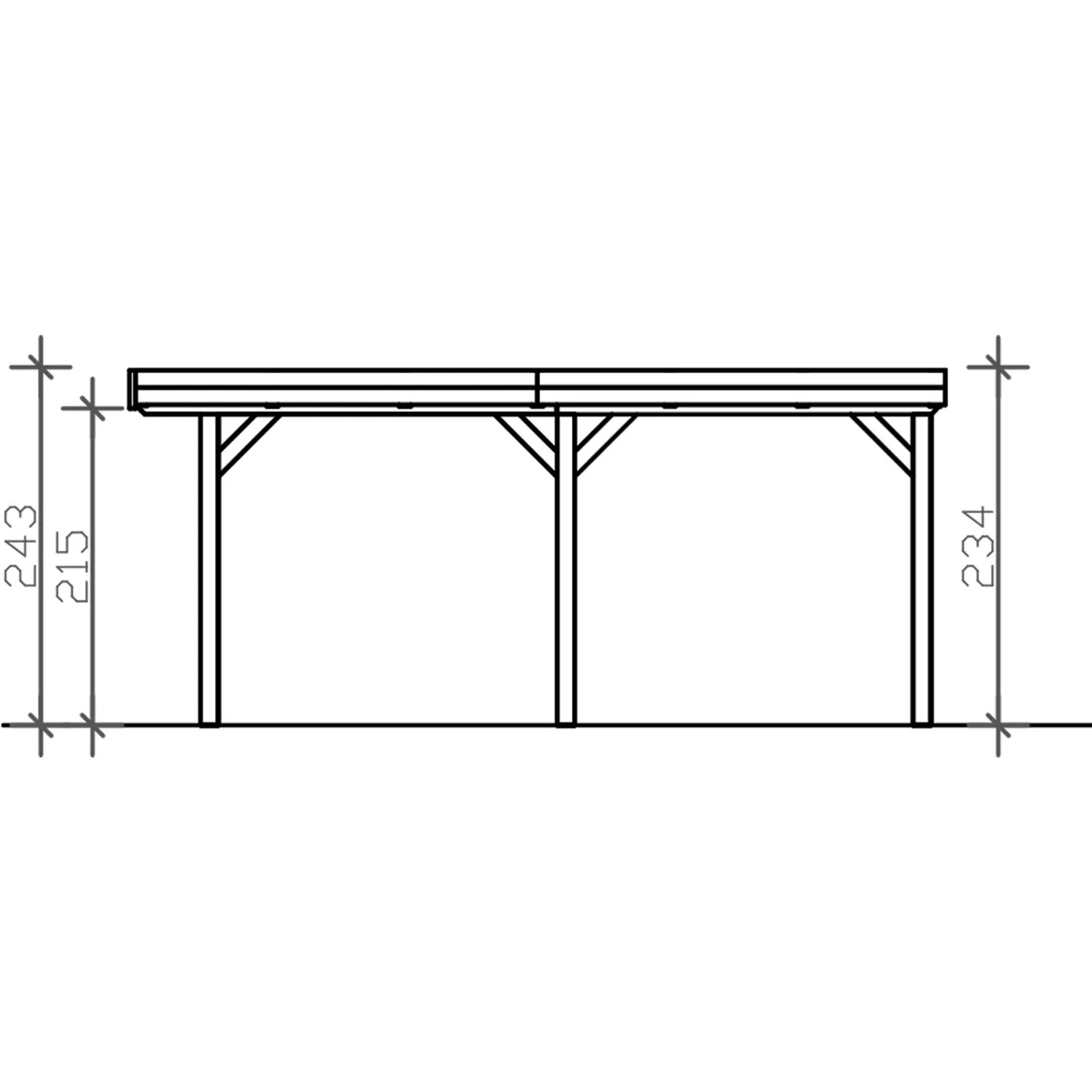 Technische Zeichnung: Weißer Skan Holz Carport Grunewald mit EPDM-Dach, Maße und Pfosten dargestellt.