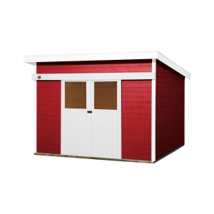 Rotes Weka Holz-Gartenhaus Turin mit Pultdach und weißen Türen.
