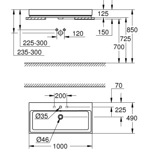 Technische Zeichnung: Grohe Cube Aufsatzwaschbecken, 100 cm, Maße und Details für Installation.